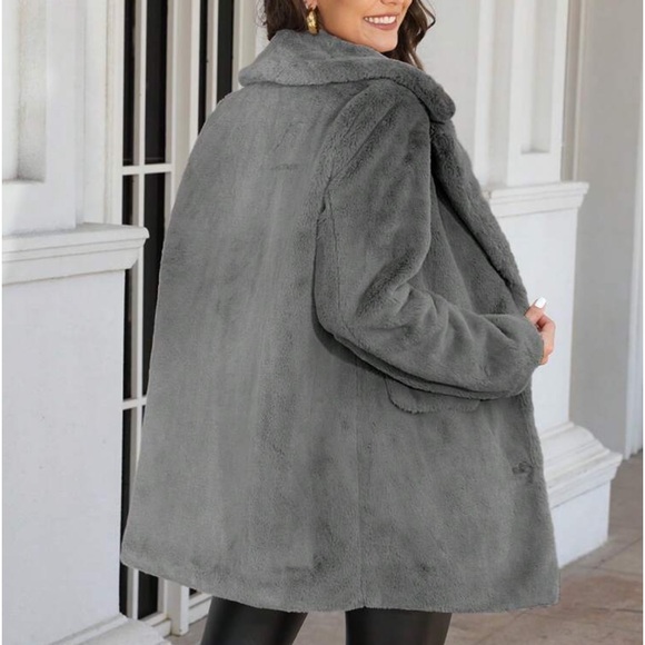 Luxe Faux Fur Single Breast Button Jacket Coat Gray - Picture 4 of 4